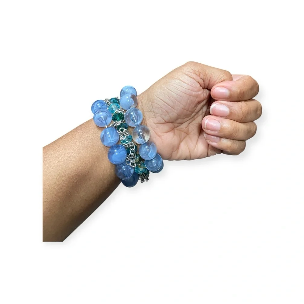 Elegant Blue and Green Beaded Stretch Bracelet Set